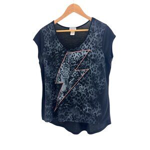Black Animal Leopard Cheetah Print Lightning Bolt Hi-Low‎ Shirt Top Size XL